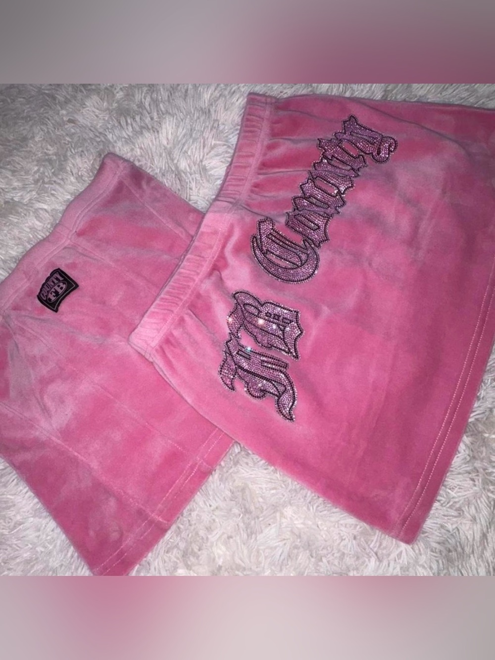 Women Pink Velour Skirt with Rhinestone Script Detail